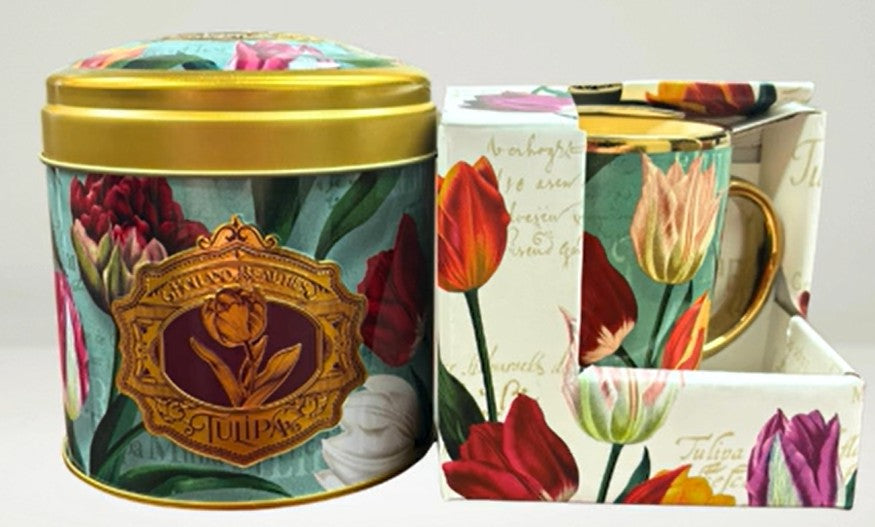 Stroopwafel tin (empty) with elegant mug in Dutch Tulip design