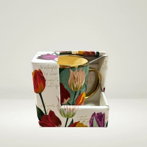 Stroopwafel tin (empty) with elegant mug in Dutch Tulip design