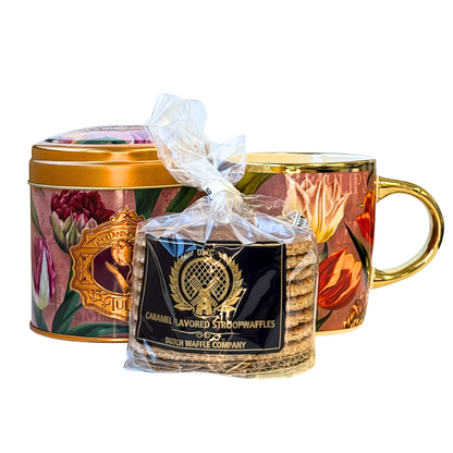 Dutch Stroopwafel Gift Set, Matching Mug & Tin with 8 Vegan Stroopwafels