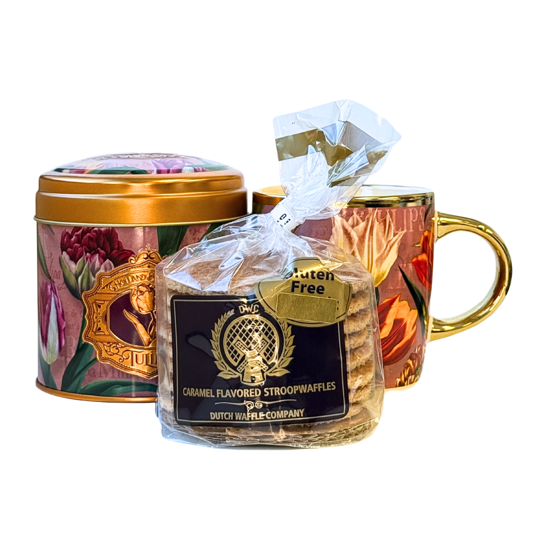 Dutch Stroopwafel Gift Set, Matching Mug & Tin with 8 Gluten Free Stroopwafels